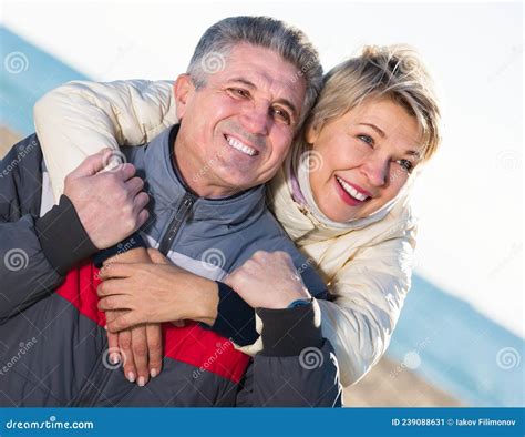 Mature Husband And Wife Spend Time Together Happily At Sea Beach Stock Image Image Of Breeze