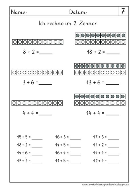 Lernstübchen addieren mit dem Rechenstreifen im 2 Zehner 5