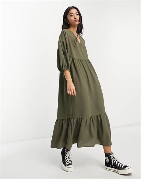 Asos Design Chuck On Smock Midi Dress In Khaki Asos