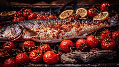 Big Fish Is Prepared On Hot Grill Tasty Meat On Grill Stock Illustration Illustration Of