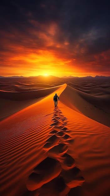 El Hombre Que Camina Por Las Dunas De Arena Al Atardecer Foto Premium