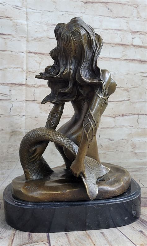 Signed Original Sexy Nude Mermaid Bronze Sculpture Mythical Marble
