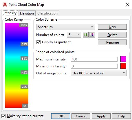 Intensity Tab Point Cloud Color Map Dialog Box AutoCAD 2022