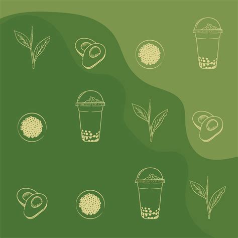 Green Background With Avocado Line Art And Bubble Tea Design For Food