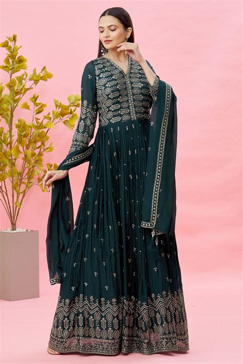 Buy Naintara Bajaj Green Chinnon Zari Embroidered Anarkali With Dupatta