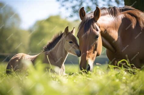 Premium AI Image | Newborn horse being cared for by mother in sunny meadow created with ...