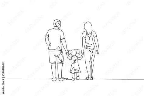 Single Continuous Line Drawing Of Happy Young Father And Mother Lead