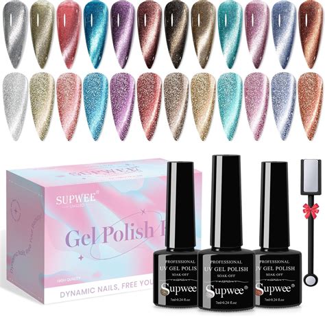 Supwee Reflective Cat Eye Gel Nail Polish Sparkling Holographic Magnetic Nail