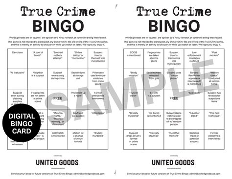 True Crime Bingo 8 Printable Bingo Cards Downloadable Bingo Cards