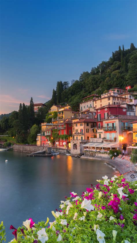 Sunset Over The Village Of Varenna On Shore Of Lake Como Lecco Province Lombardy Italy