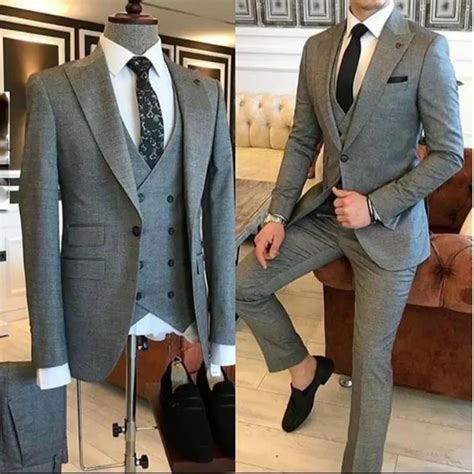 Novio Desgaste Piezas Gris Hombres Trajes Esmoquin Slim Fit Pico