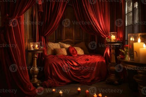 Romantic room interior with pink curtains and red hearts. Valentine's ...