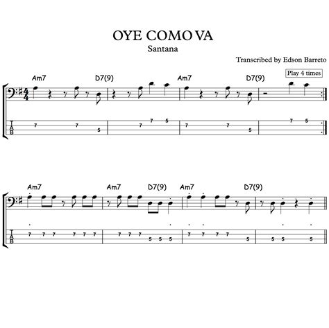 Oye Como Va Carlos Santana Bass Score Tab Lesson Edson Renato