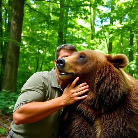 Heartwarming Encounter: Man Kisses Friendly Bear in Forest