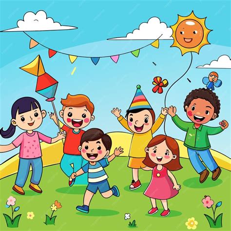 Premium Vector A Cartoon Illustration Of Children Playing In A Field
