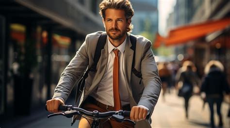 Premium Ai Image Handsome Young Businessman Riding A Bicycle In The