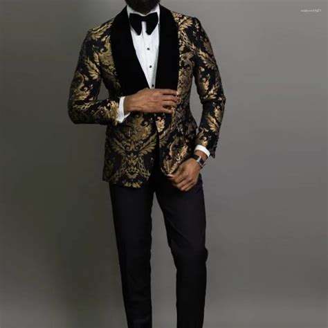 Gold Jacquard Slim Fit Black Tuxedo Suit With Black Velvet Shawl Lapel