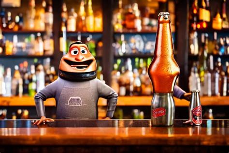 A Anthropomorphic Bottle Of Beer Stands In Front Of A Stable