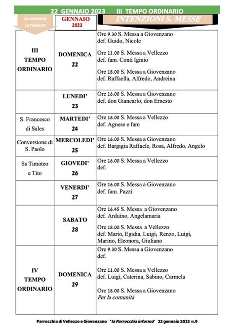 Calendario Liturgico Dal Al Gennaio