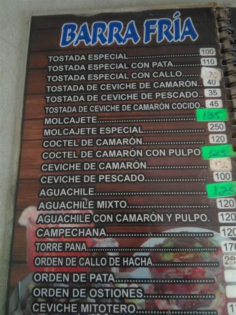 Carta Del Restaurante Mariscos El Pana Culiac N Rosales