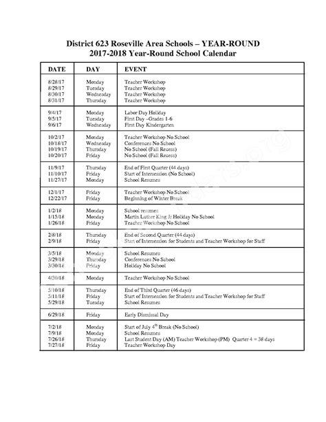 2017 - 2018 School Calendar | Roseville Public School District – Roseville, MN