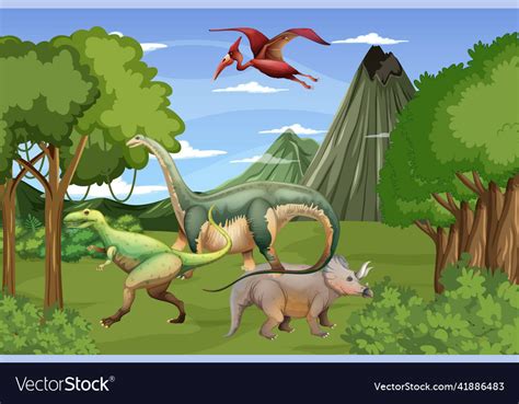 Scene With Dinosaurs In Forest Royalty Free Vector Image