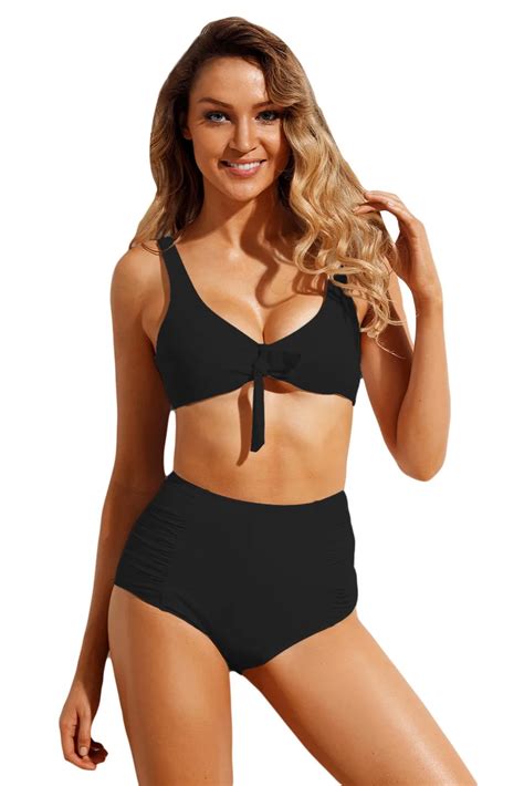 Black Tie Front Bikini Ruched High Waist Swimsuits Women Summer 2018