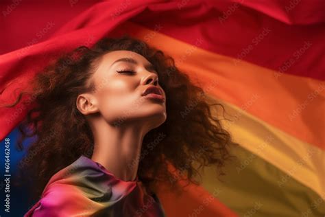 Expressive Generative Ai Pride Photo Of A Lesbian With A Rainbow Flag Inclusive Society With