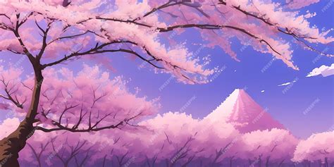 Premium Photo | Anime Cherry Blossom Forest Scenic Japanese Pink Sakura Trees Mount Fuji lake ...