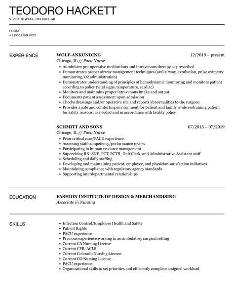 Pacu Nurse Resume Samples Velvet Jobs