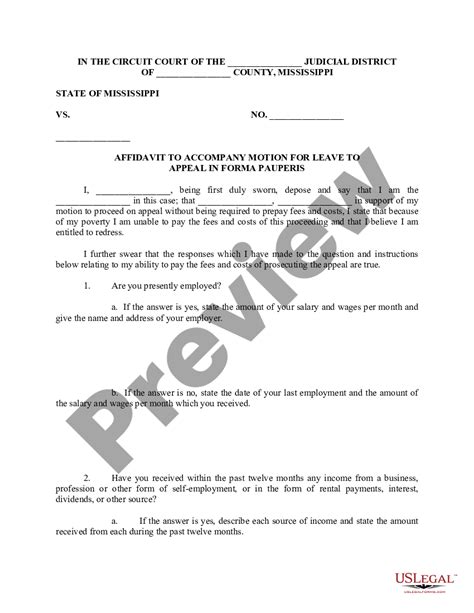 Mississippi Affidavit To Accompany Motion For Leave To Appeal In Forma Pauperis Pauperis Form