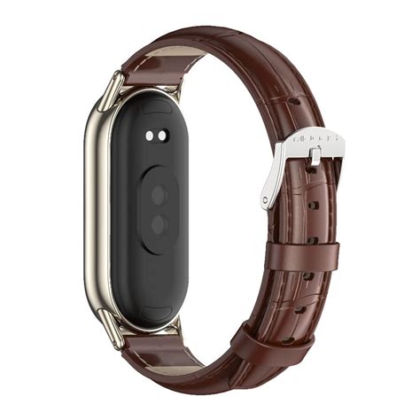 For Xiaomi Mi Band 8 Mijobs Genuine Leather Watch Band Bamboo Coffee