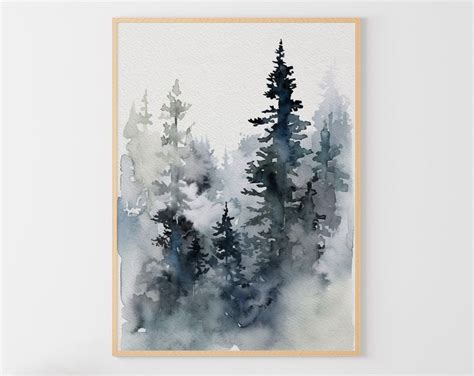 Misty Forest Painting Pines Watercolor Foggy Forest Art Print Dark