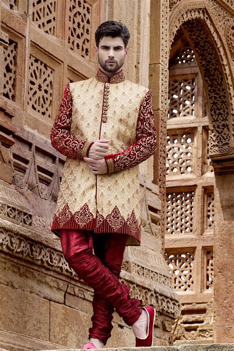 Cream And Gold With Maroon Khinkwab And Velvet Adorable Jodhpuri Bandh Gala