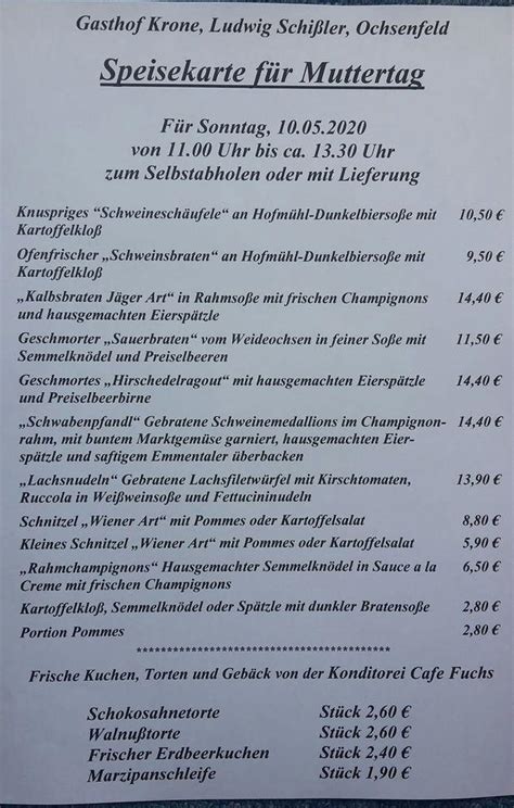 Speisekarte Von Gasthof Krone Restaurant Adelschlag