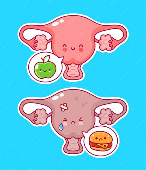 Premium Vector Cute Happy Funny Woman Uterus Organ With Apple And Burger In Speech Bubble