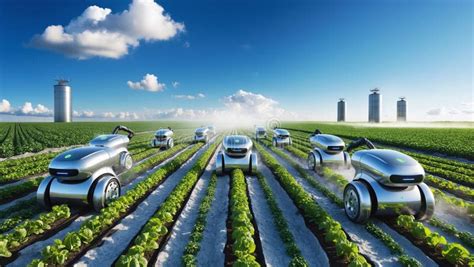 Smart Farm with Robots Planting Seeds and Harvesting Crops Stock ...