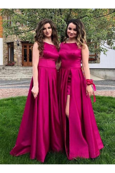 A Line Fuchsia Satin Long Bridesmaid Dresses 902217