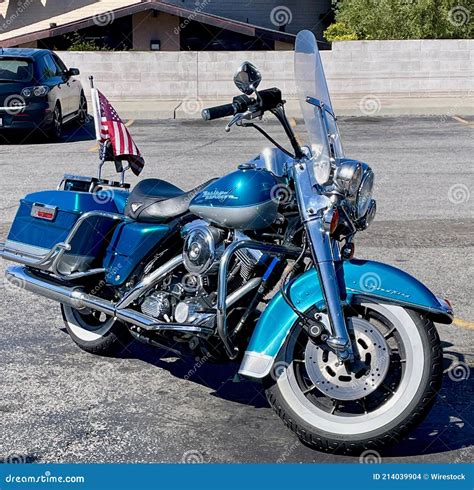 A Blue Harley Davidson Road King Motorcycle with White Wall Tires ...