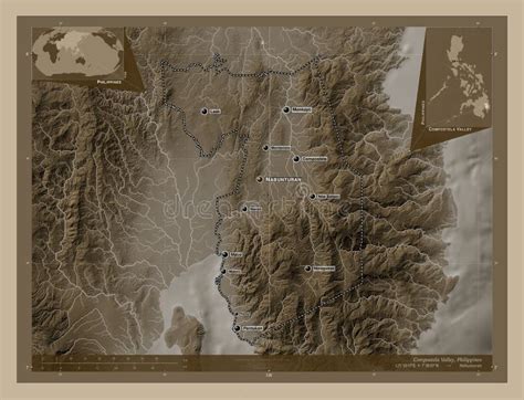 Compostela Valley Philippines Sepia Labelled Points Of Cities Stock