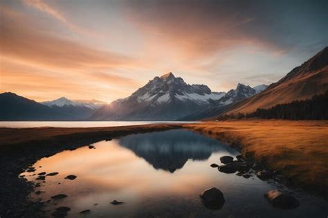 Premium Photo Majestic Mountain Peak Back Lit By Sunset Near Lake