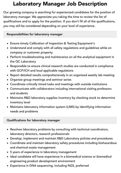 Laboratory Job Description Templates