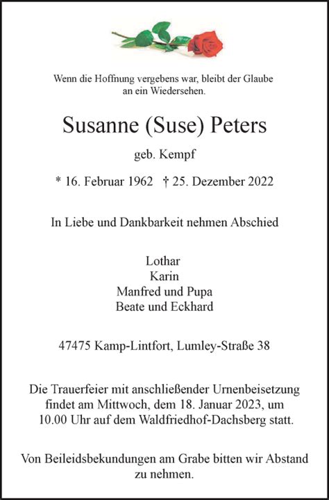 Traueranzeigen Von Susanne Peters Trauer In Nrw De