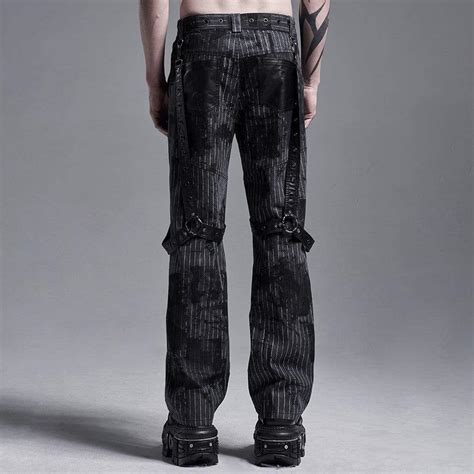 Mens Gothic Faux Leather Splicing Striped Pants With Harness Punk Design