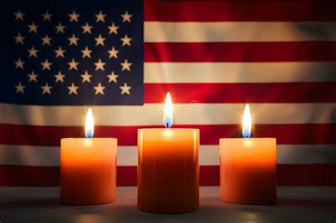 Patriotic Scene With Candles And Flag Glowing Brightly In The Darkness