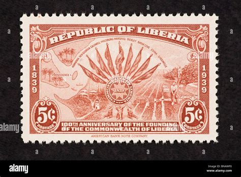 Postage Stamp From Liberia Depicting The Seal Of Liberia Map And