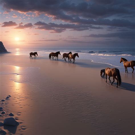 Create a landscape with a deserted beach with wild horses at... by Dan ...