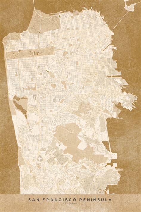 Map Of Map Of San Francisco Peninsula In Sepia Vintage Style ǀ Maps Of