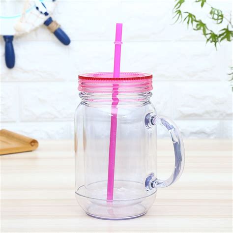 2021 15oz Plastic Mason Jar With Handles Lids And Colored Straws ...