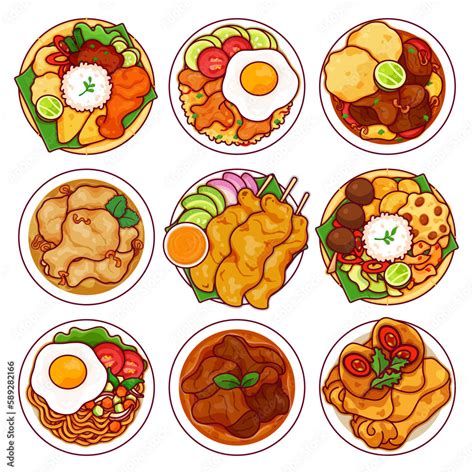 Indonesian Food Icon Set Menu Vector Nasi Ayam Penyet Nasi Goreng